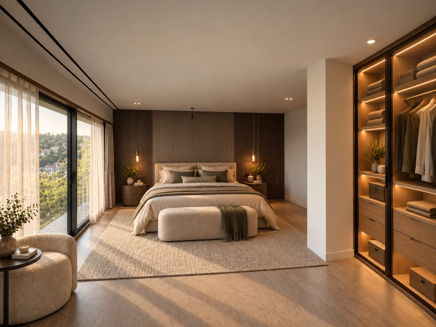 Illustrative CGI of bedroom with illuminated fitted wardrobe