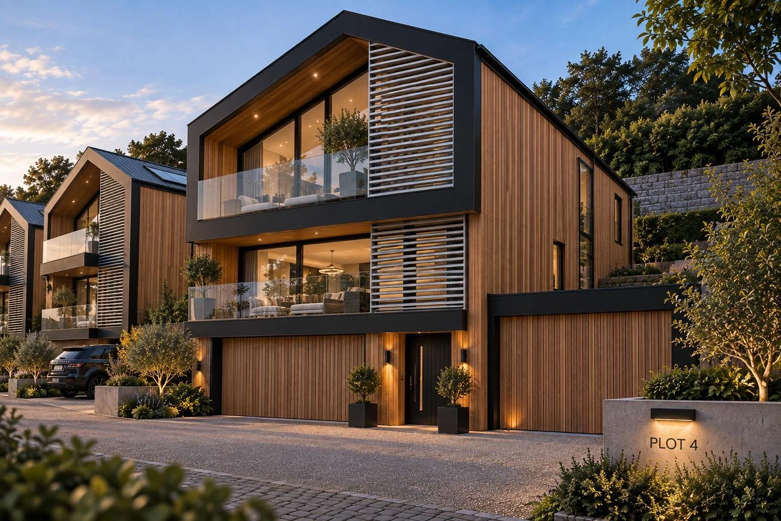 Architectural visualisation of contemporary cedar-clad homes at The Vineyard Homes