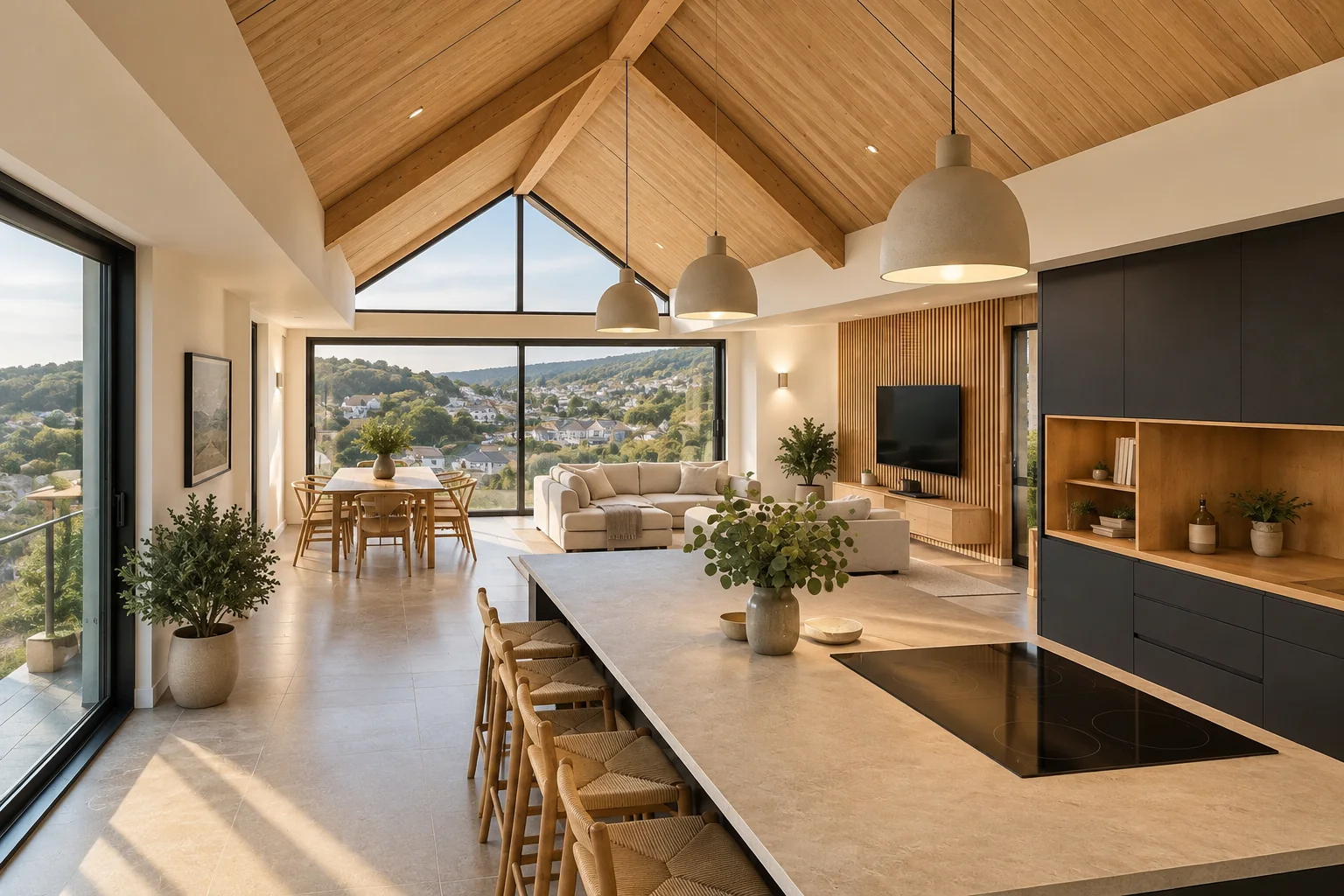 Illustrative CGI of vaulted living space with timber ceiling